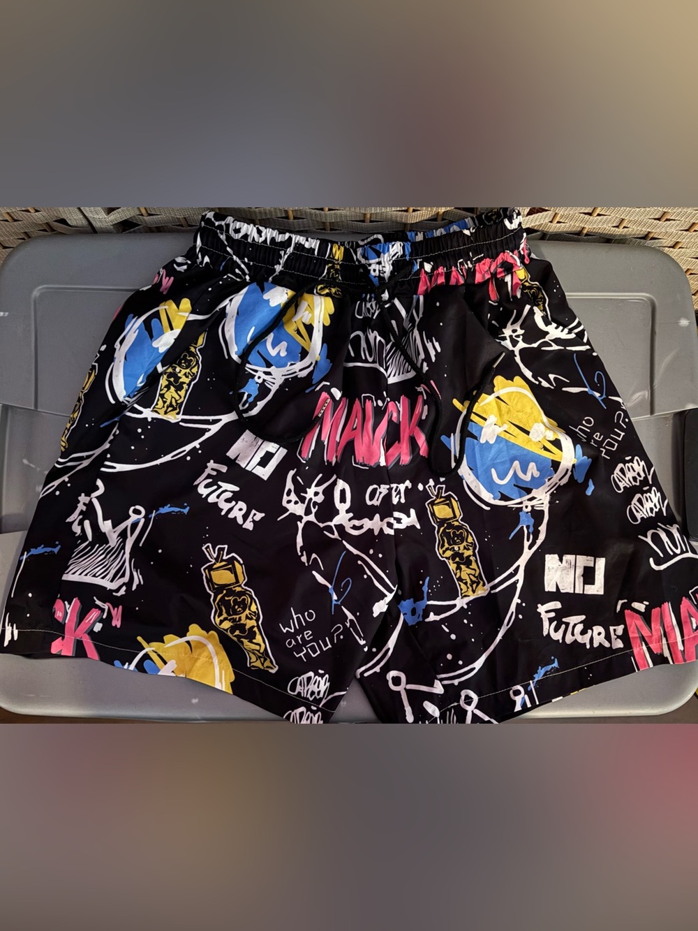 ROMWE Black Athletic Shorts with Pink, Blue & Yellow Graphic Print